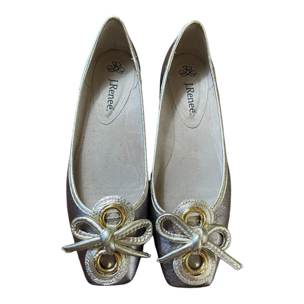 J.Renee Edie Metallic Leather Square Toe Bow Dress Flats. Color Taupe/Gold. 7M